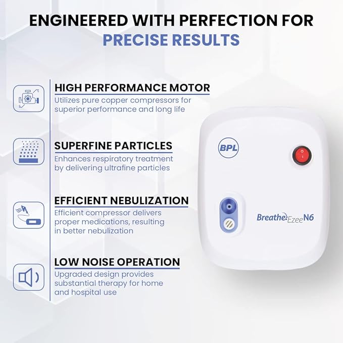 BPL Medical Technologies Breathe Ezee N6 Low Noise Compressor Nebulizer Machine Kit For Child And Adult, Portable Nebulizer - White - Image 5