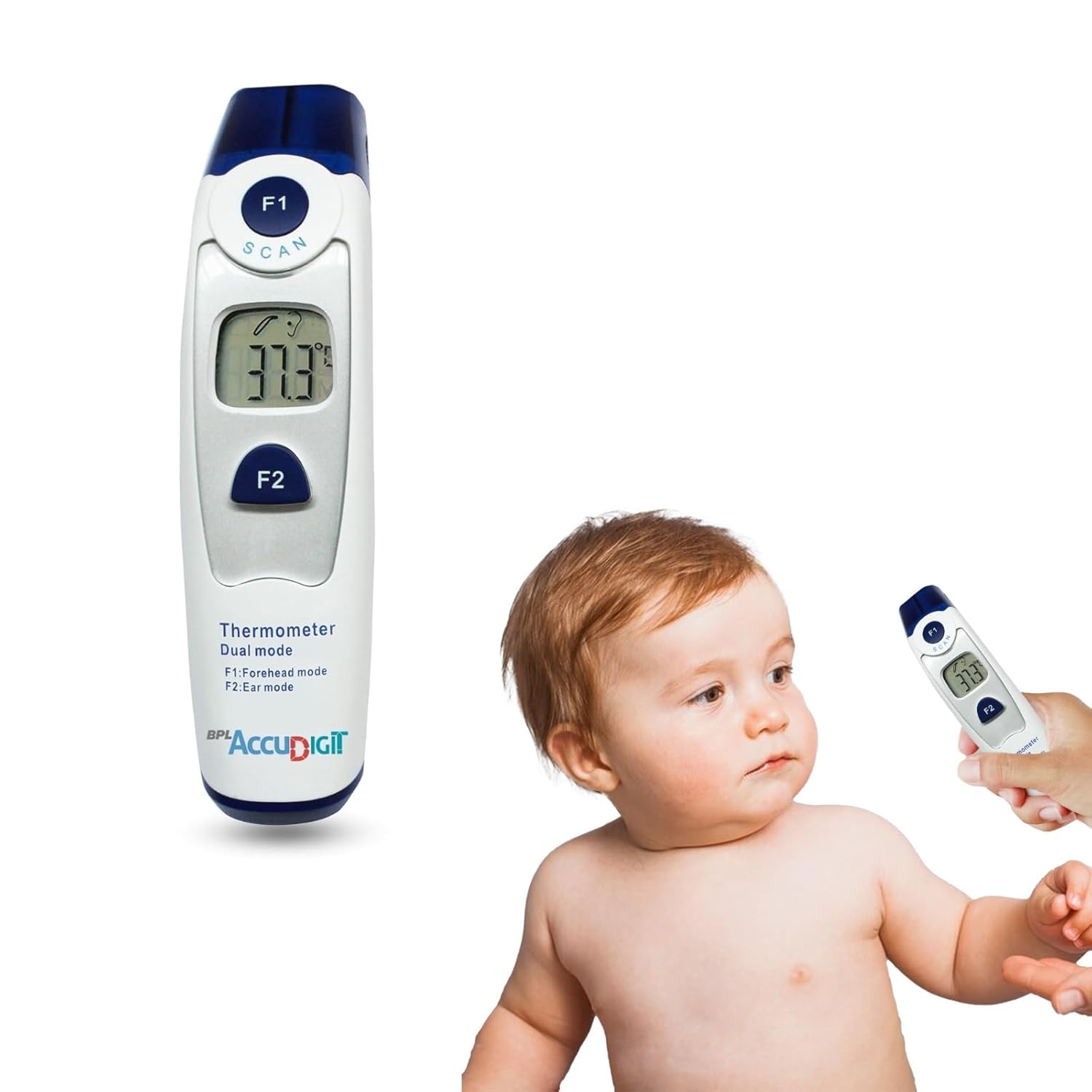 BPL Medical Technologies Accu Digit Non Contact Dual Infrared Thermometer for Babies and Adults with Color Coded Fever Guidance - (White)